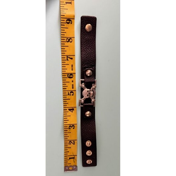 Faux Leather Black Strap Bracelet with Gold Skull and Rhinestone Detail - Picture 2 of 4